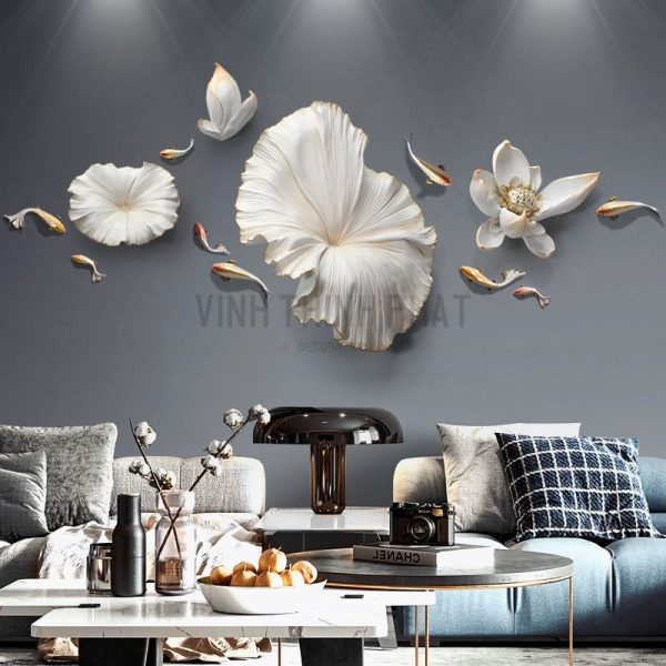 Phù điêu trang trí tường 3D sen và cá - vinhthinhphatdecor.com